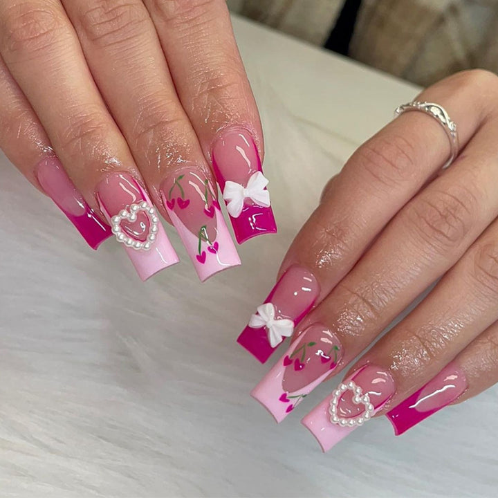 Decorative Press-On Nail Art Set with 3D Heart and Bow Accents kalsten