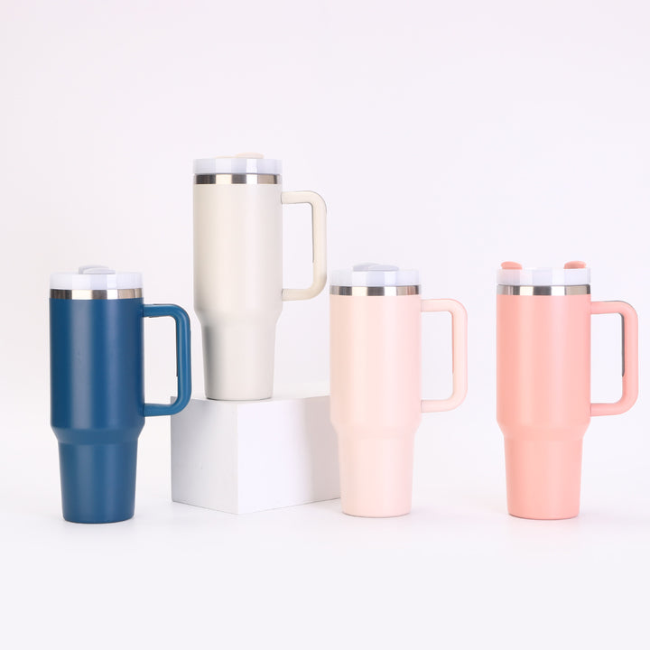 Insulated Stainless Steel Tall Travel Mug With Ergonomic Side Handle And Leak-Resistant Straw Lid