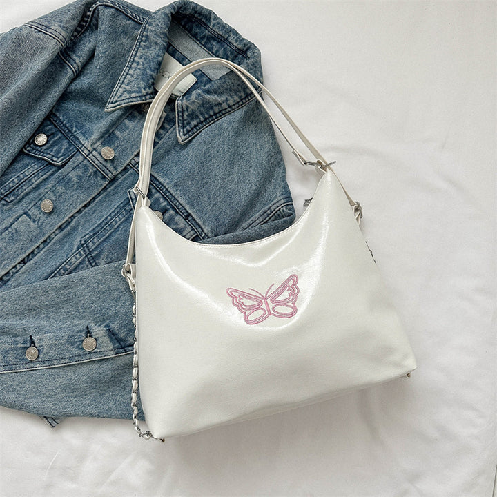 Butterfly-Embroidered Slouchy Handbag