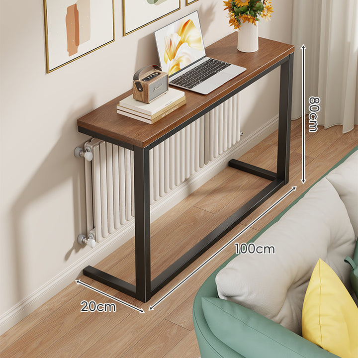 Slim Narrow Console Table with White Metal Frame and Wood-Grain Top