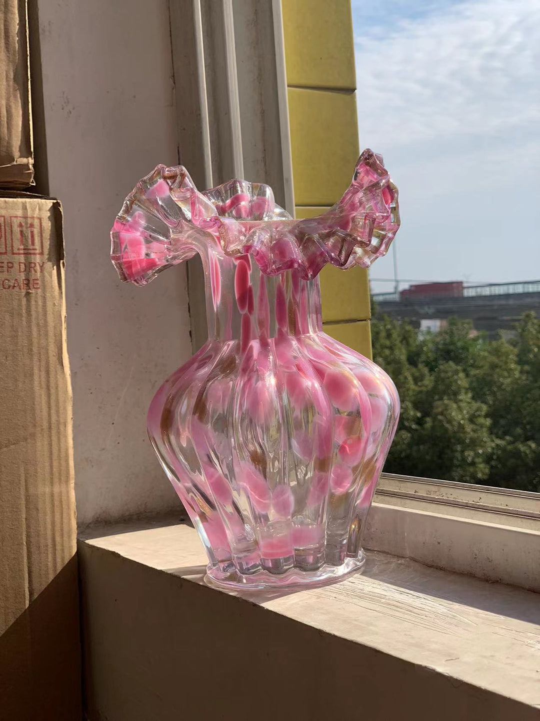 Handblown Ruffled-Rim Bulbous Art Glass Bud Vase Kalsten