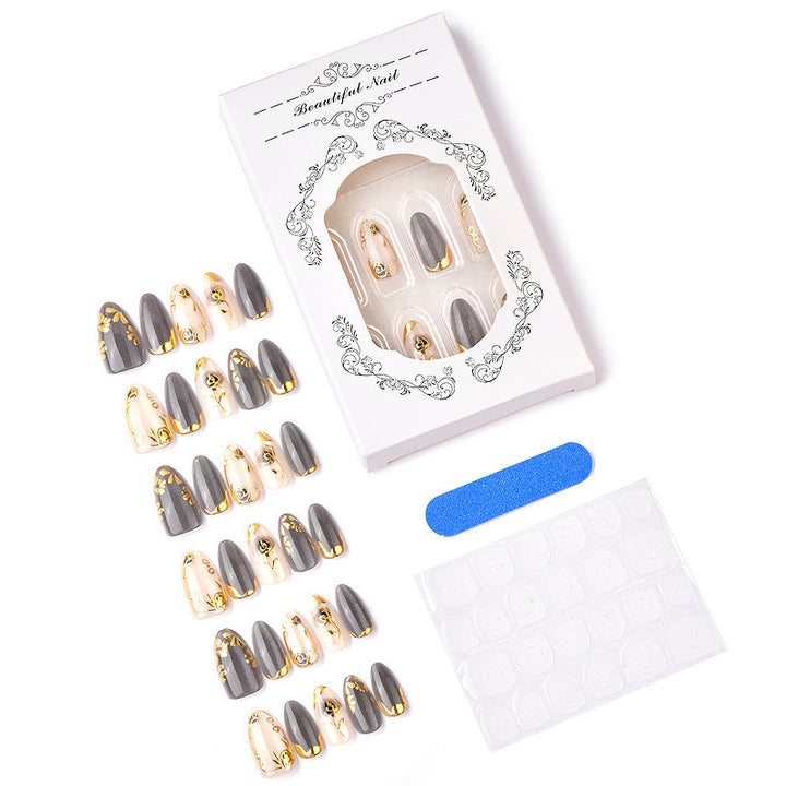 Artificial Nail Set with Elegant Rose Design and Gold Accents Kalsten