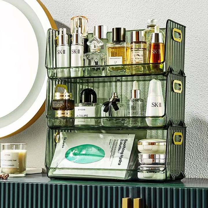 Transparent storage box with front opening, ribbed structure and integrated grip openings