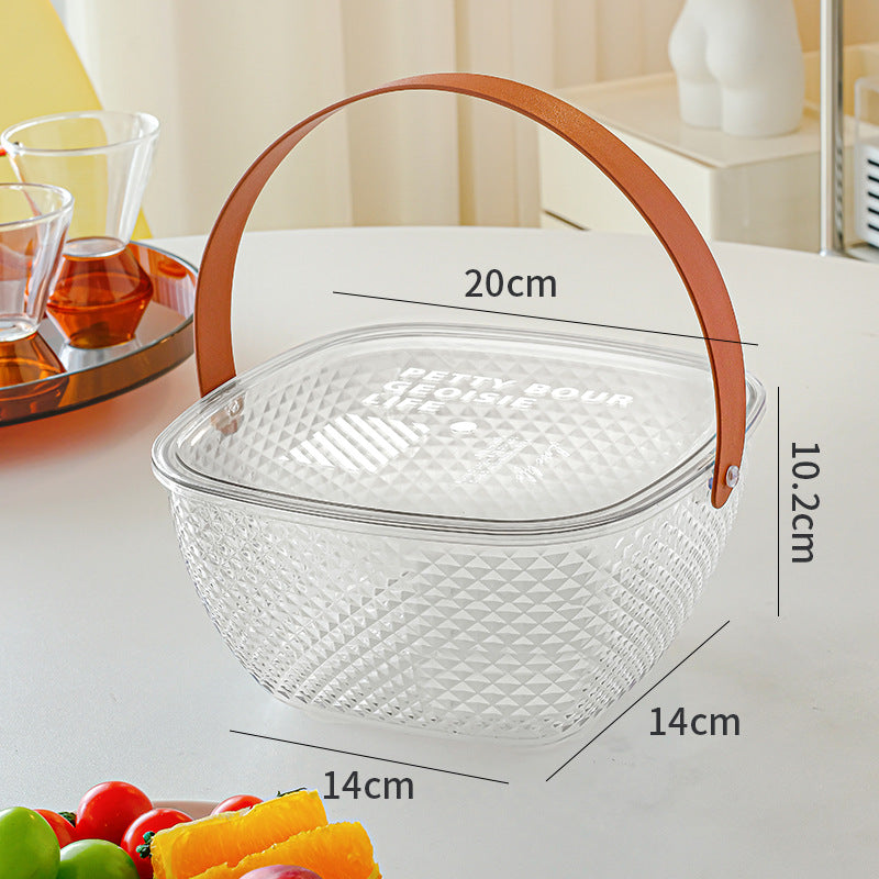 Portable food storage box with a tight-sealing lid and faux leather handle
