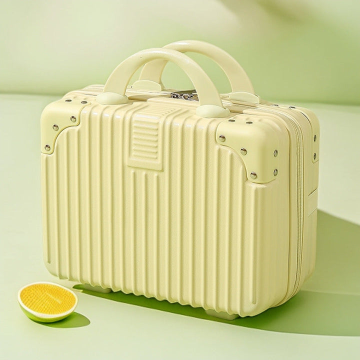 structured hard-shell vanity travel case with faux-leather corner reinforcements and dual top handles Kalsten