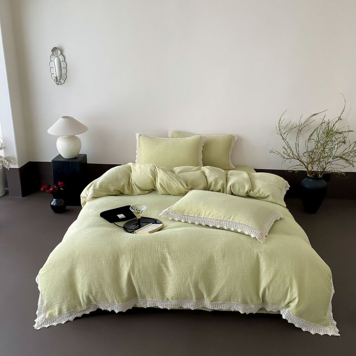 Linen-Cotton Duvet Cover Set with Crochet Lace Edge and Washed Finish