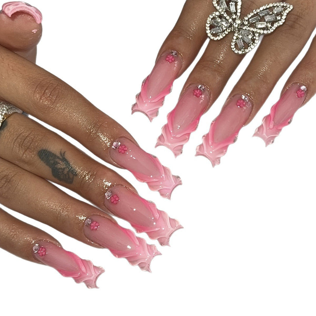Artificial nail set with floral 3D design and glittering accents Kalsten
