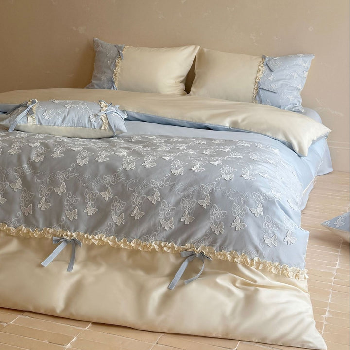 Luxurious bedding set with butterfly embroidery, ruffles and decorative bows