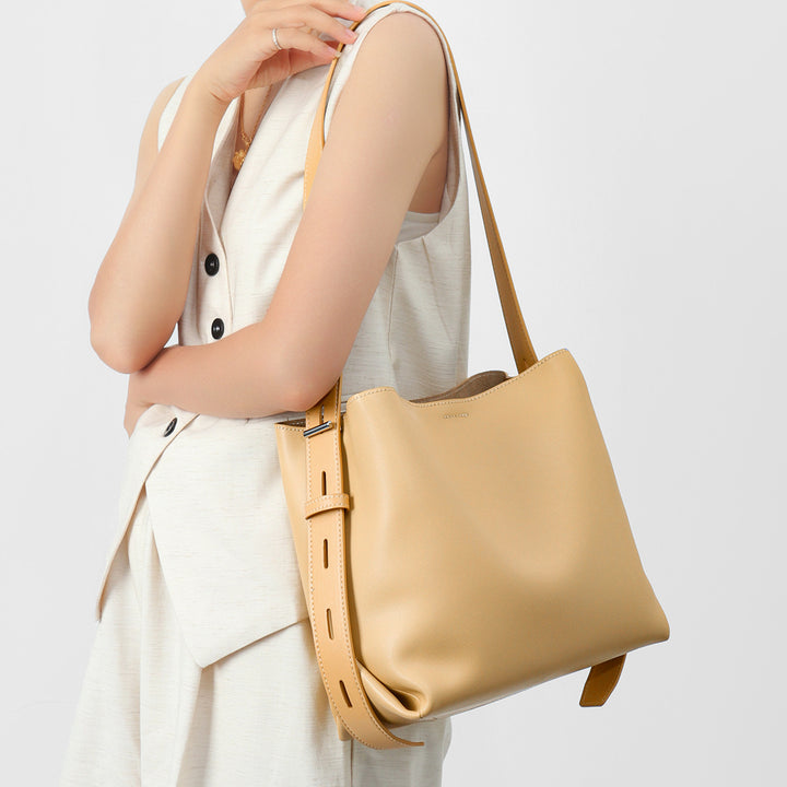 Minimalist Smooth Leather Adjustable-Strap Shoulder Tote