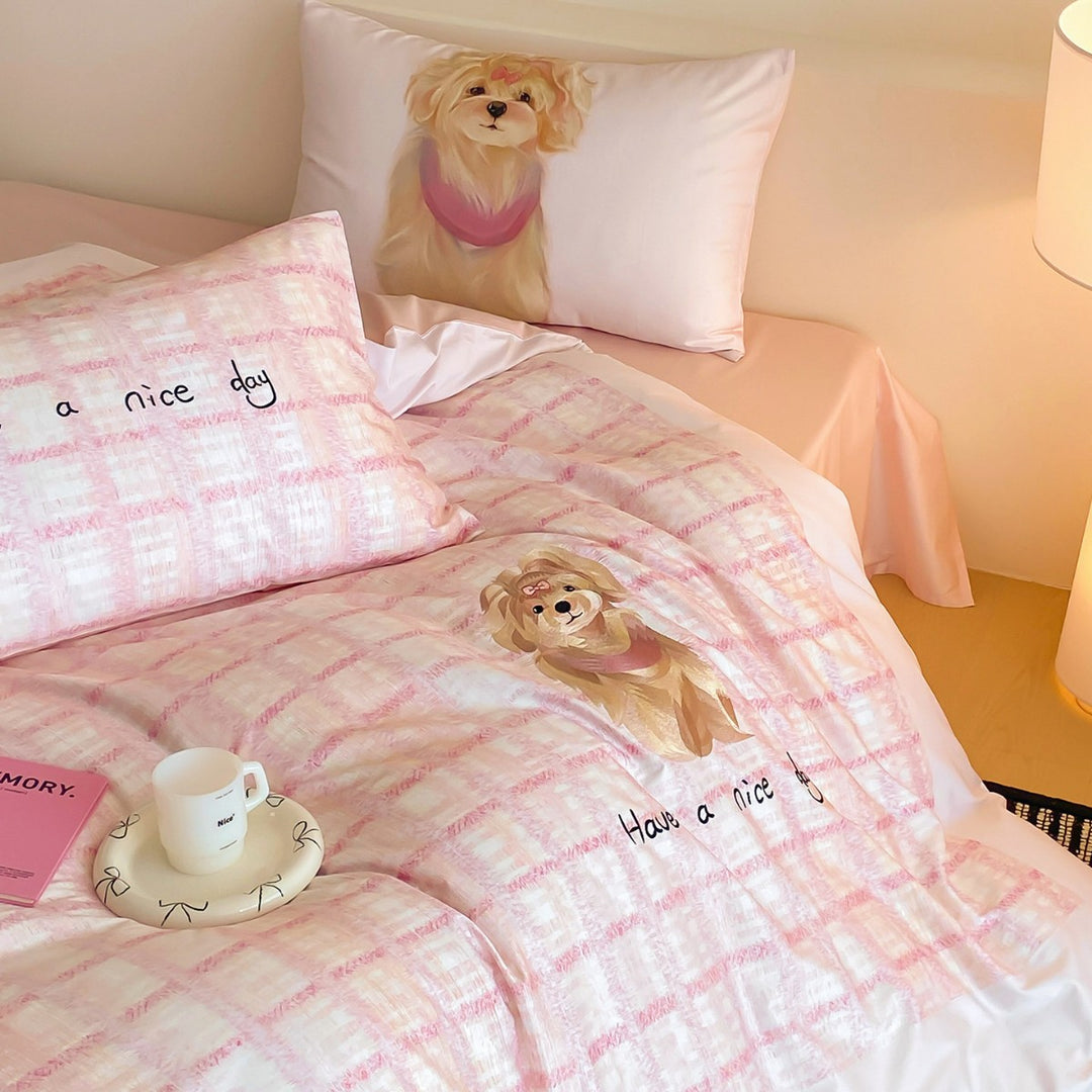 Cotton satin bedding set with check pattern and drawn dog motif