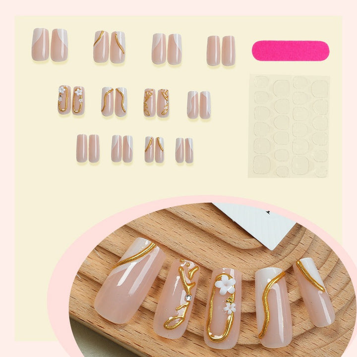 Artificial nail set with elegant gold accent and floral designs Kalsten
