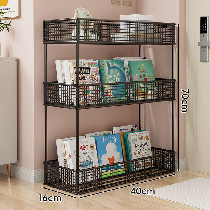 Freestanding Four‑Tier Metal Mesh Book and Display Shelf Rack