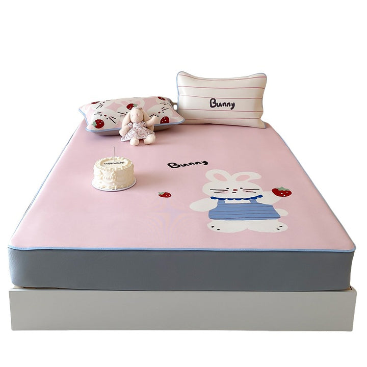 Children's mattress topper and fitted sheet set with non-slip corner fasteners and cute dog design