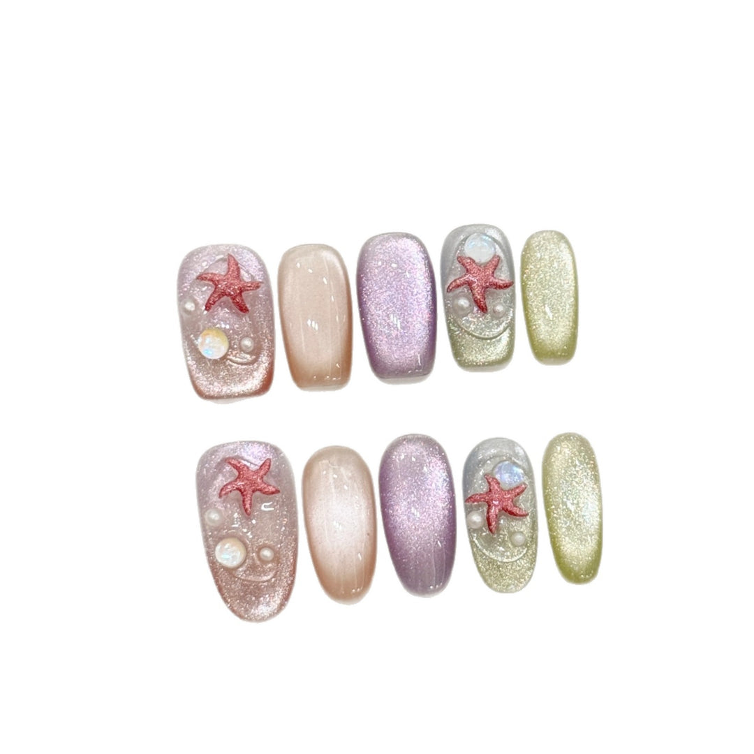 Creative Press-On Nail Art Set with Glitter and Starfish Design