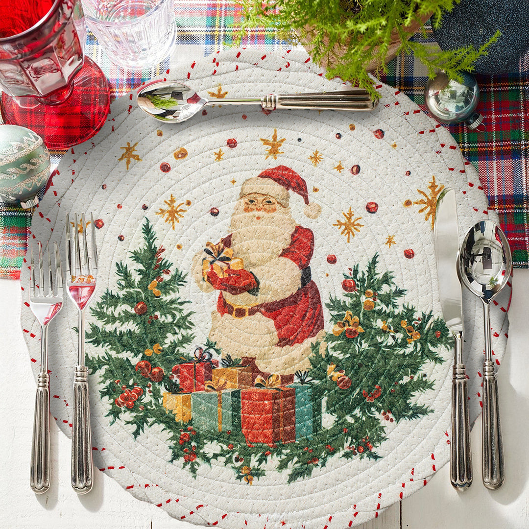 Round Christmas tree skirt made of woven cotton blend fabric with reindeer and pine branch motif