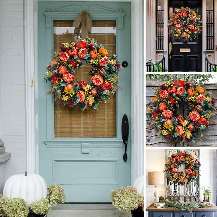 Autumn wreath with artistic roses, mini pumpkins, and eucalyptus branches