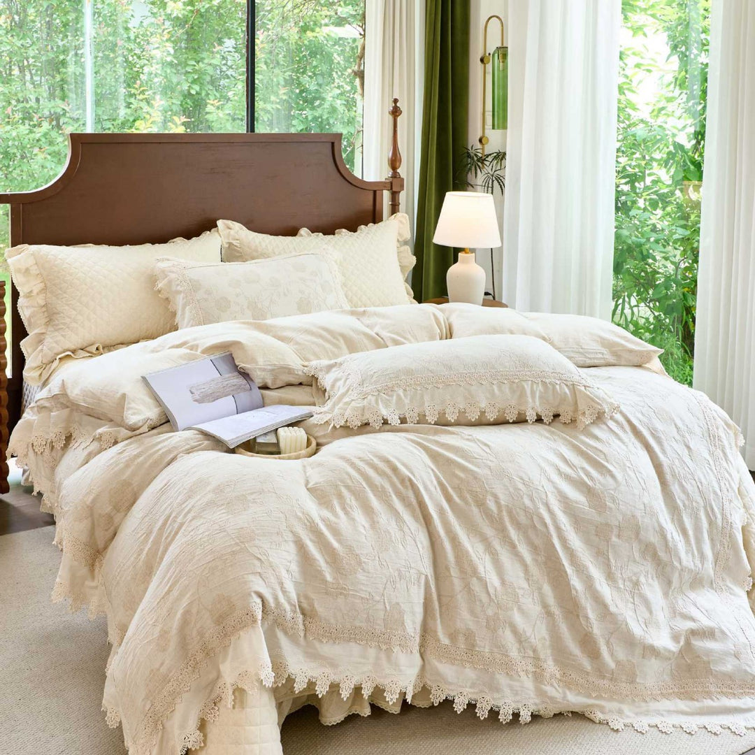 Vintage-inspired cotton-linen bedding set with lace trim and quilting pattern
