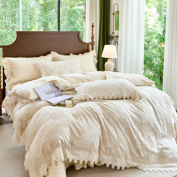 Vintage-inspired cotton-linen bedding set with lace trim and quilting pattern
