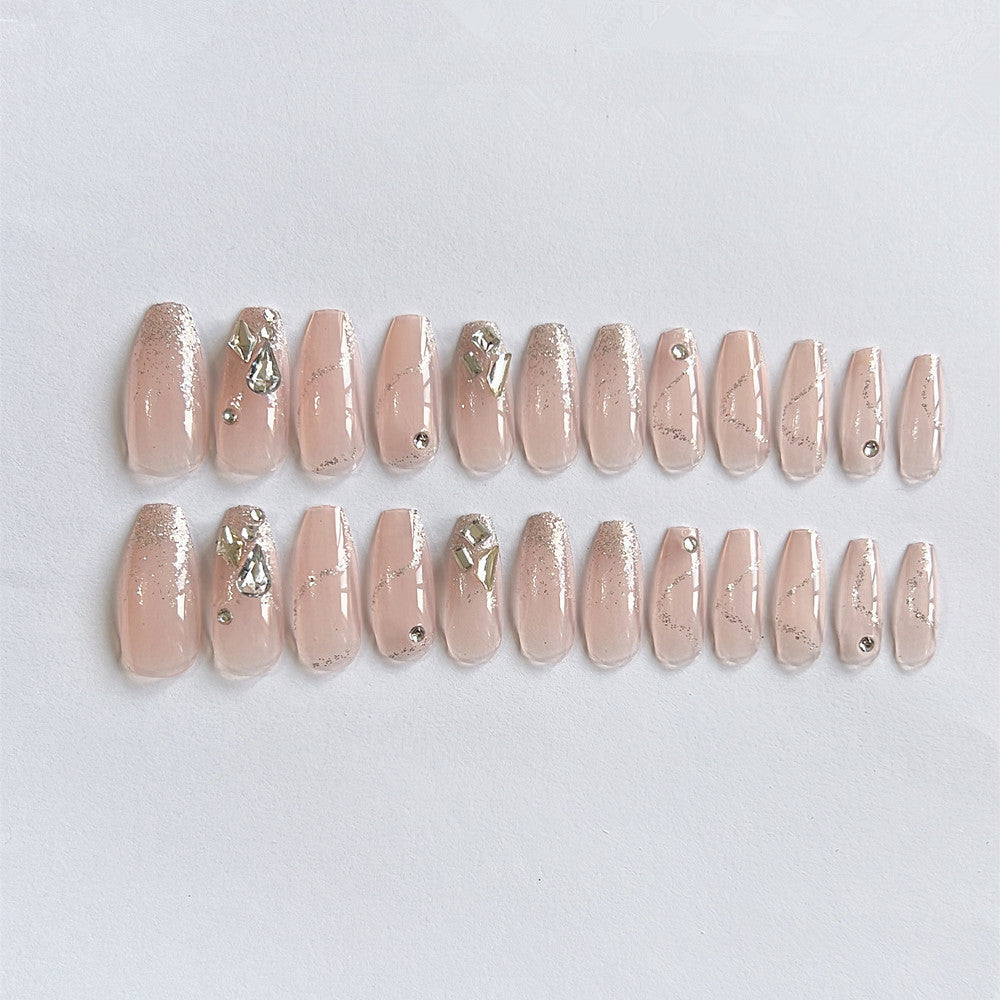 Premium Long Coffin Press-On Nails with Rhinestone Accents