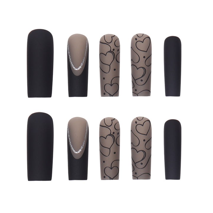 Artistic Long Press-On Nails with Heart Patterns Kalsten