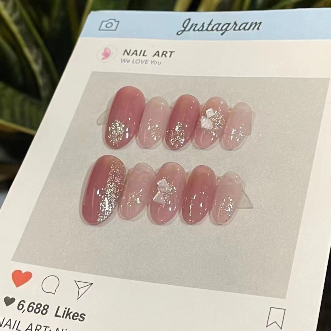 Artistic Press-On Nail Set with Crystal Accents