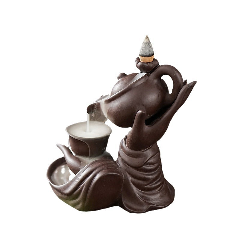 Ceramic Backflow Incense Burner Teapot Pouring Into Cup Hand Sculpture