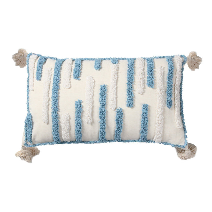 Textured Loop-Embroidered Square Throw Pillow with Corner Tassels and Removable Cover