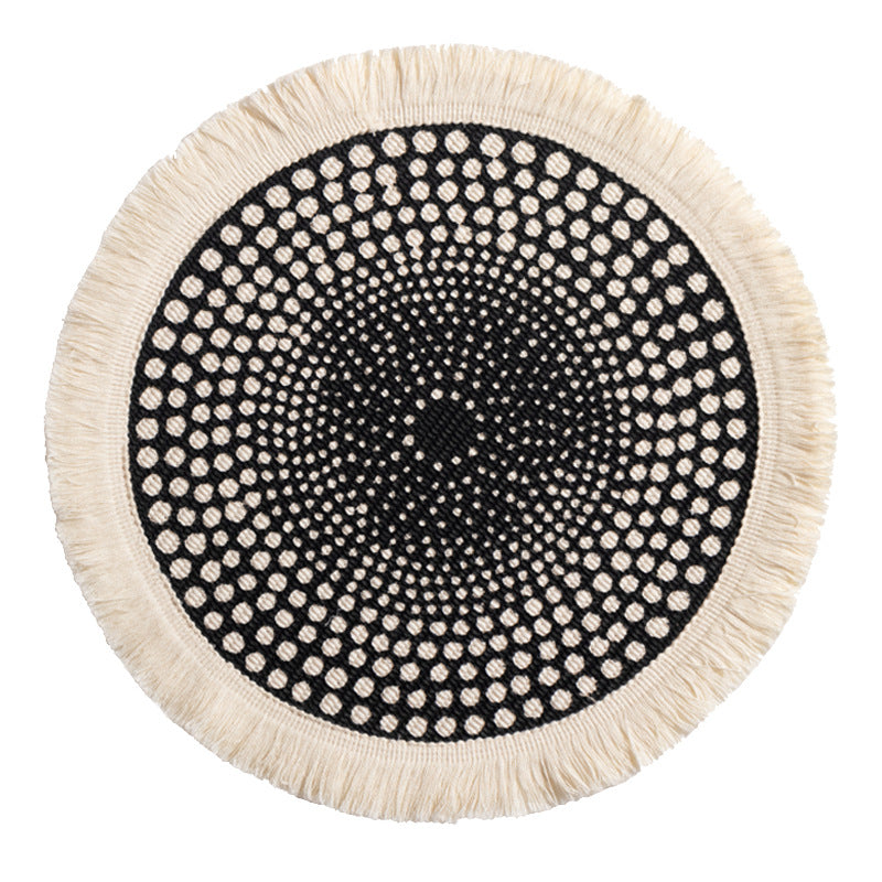 Beef handwoven cotton rug with fringes and graphic ethnic jacquard
