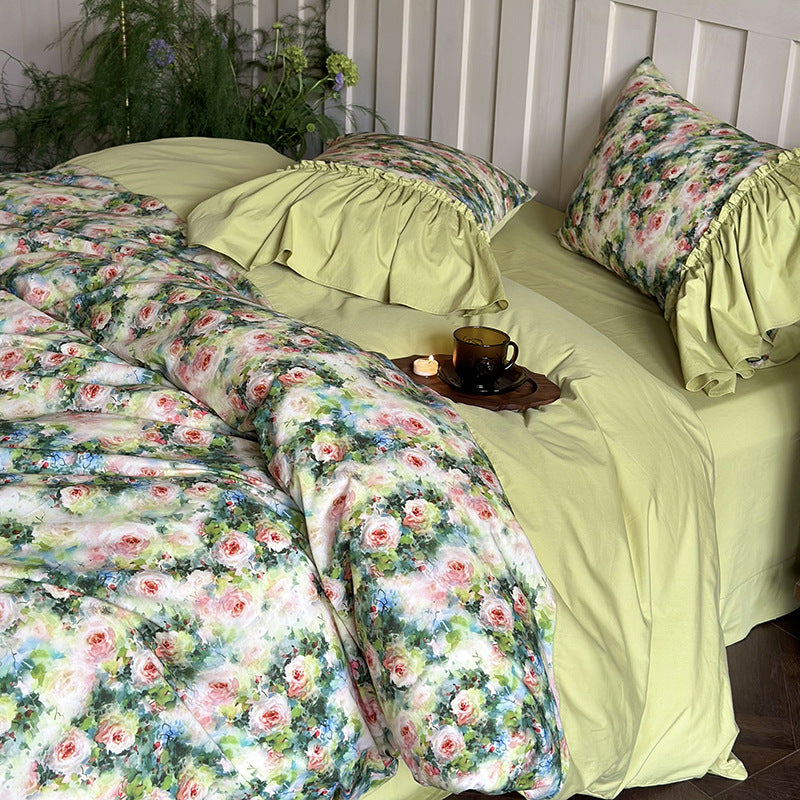Luxurious cotton bedding set with ruffles, frills and watercolor rose print