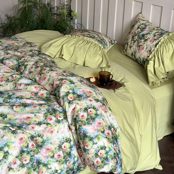 Luxurious cotton bedding set with ruffles, frills and watercolor rose print