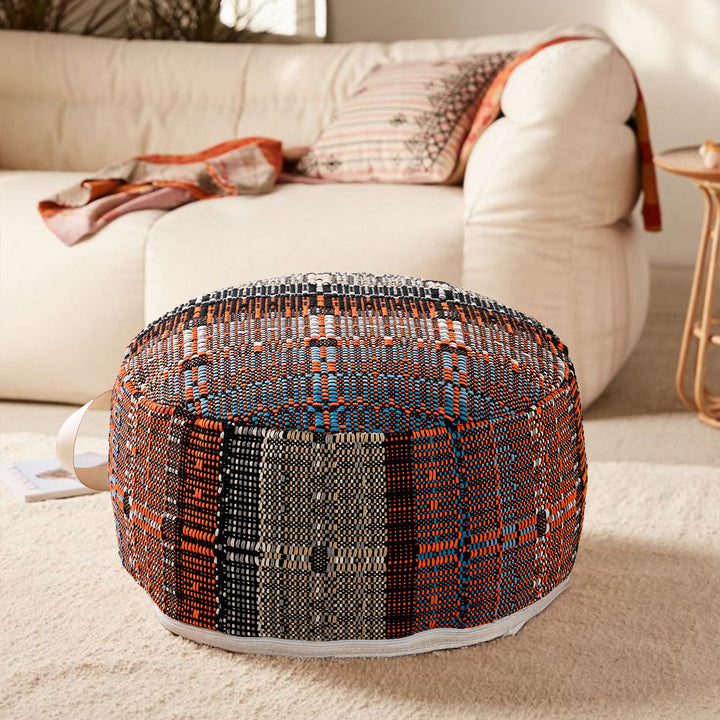 Beef woven pouf seat stool with carrying handle and canvas bottom