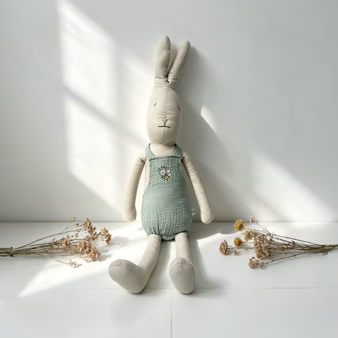 Plush Long-Eared Bunny Doll with Muslin Romper