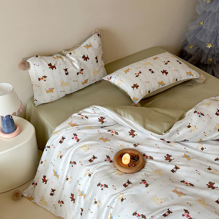 Children's bedding set with cute bunny print, pom-pom corners, and soft cotton satin