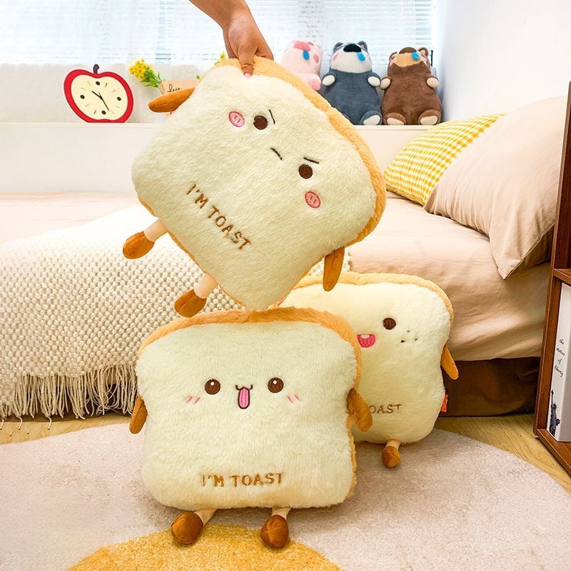 Cuddly plush cushion in toast shape with embroidery and soft filling