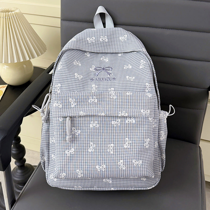 Charming Bow-Embellished Gingham Patterned Backpack Kalsten