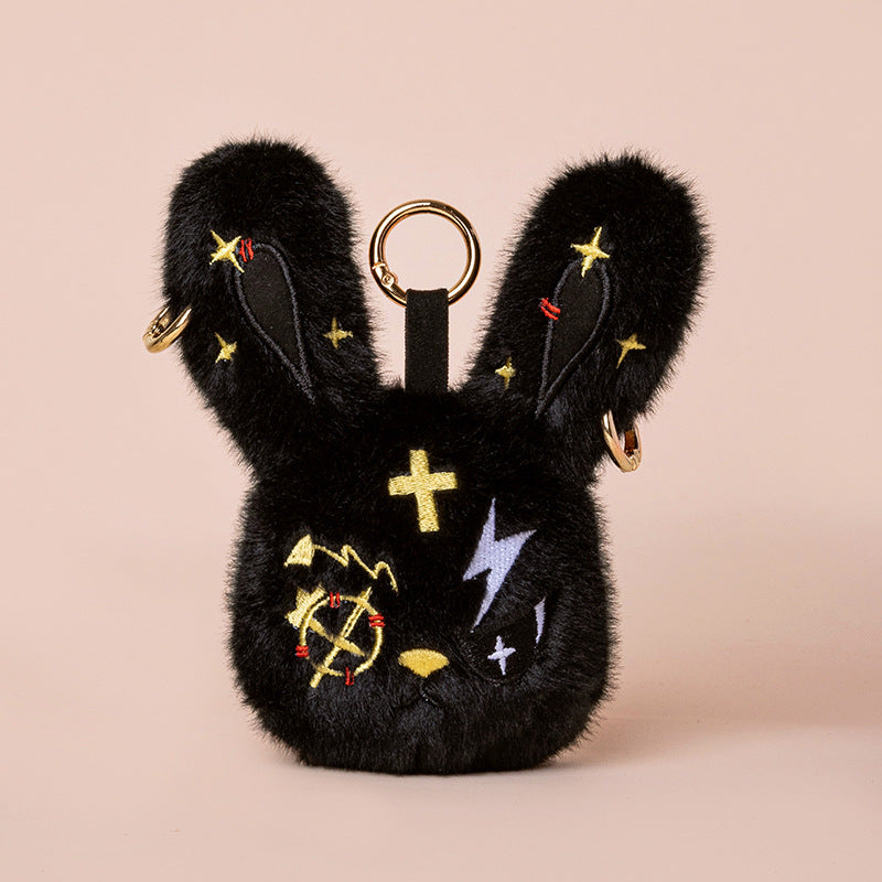 Faux-Fur Bunny Charm Key Fob with Embroidered Patchwork Face and Gold Metal Ring Kalsten