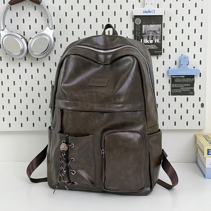 Multi-Pocket Leather School Backpack