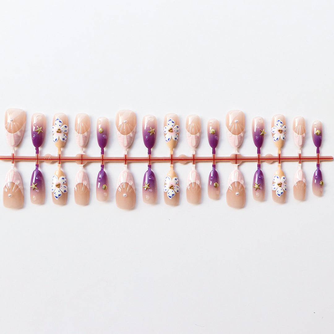 Artistic Press-On Nail Set with Floral Accents