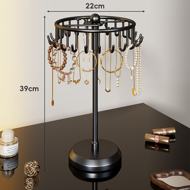 Tiered Rotating Jewelry Organizer Tree Stand with Multi-Arm Hooks and Ring Dish