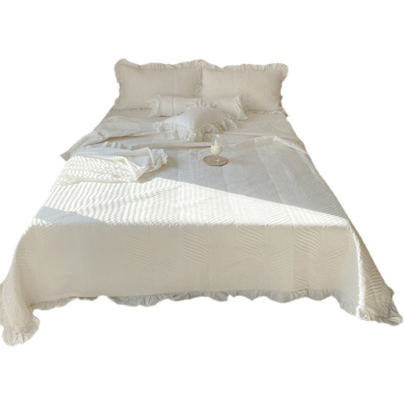 Quilted bedspread set with ruffle and embossed leaf quilting