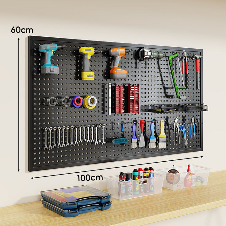 Wall-Mounted Perforated Metal Tool Pegboard Organizer Panel with Modular Hooks and Wire Baskets