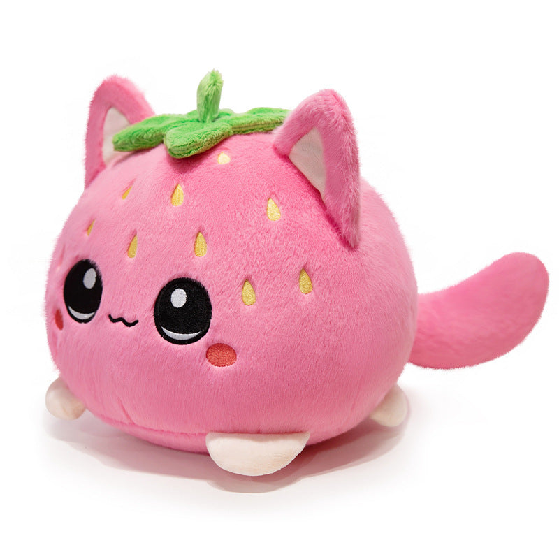 Round Strawberry Cat Plush Cushion with Embroidered Face Leaf Top & Soft Bean-Fill Kalsten
