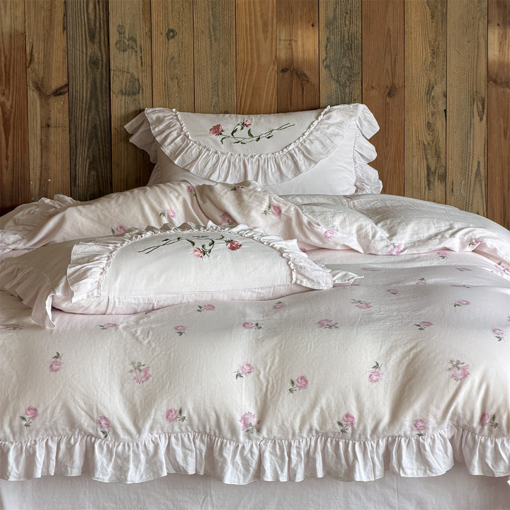 Romantic cotton bedding set with ruffle trim and rose embroidery