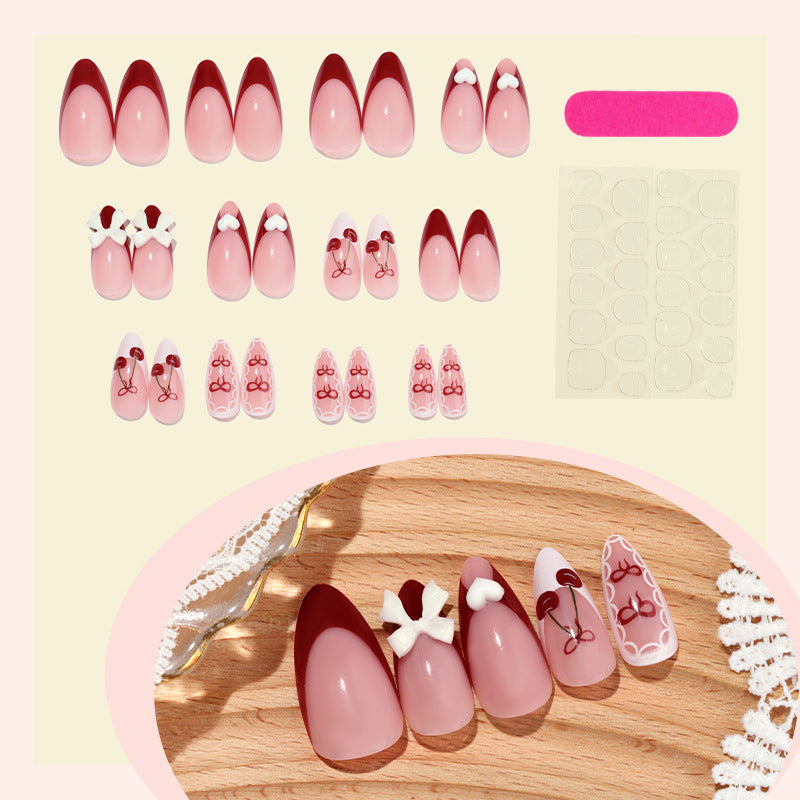 Decorative Press-On Nail Art Set with 3D Bow and Cherry Designs kalsten