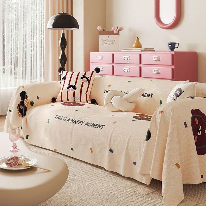 Stretch-Fit Cartoon-Print Textured Sofa Slipcover with Elasticized Corners