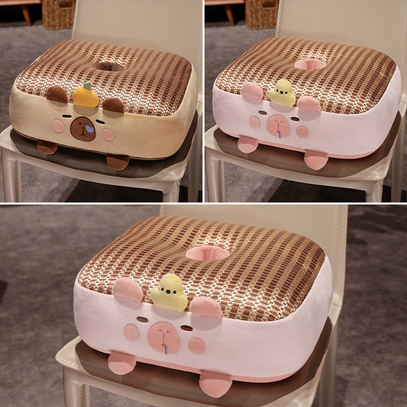 Ergonomic padded seat cushion with center hole, memory effect, and cute pig plush cover