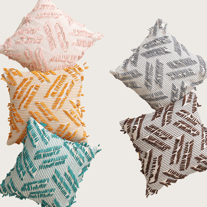 Decorative pillow with woven chenille relief structure and fringe application Kalsten