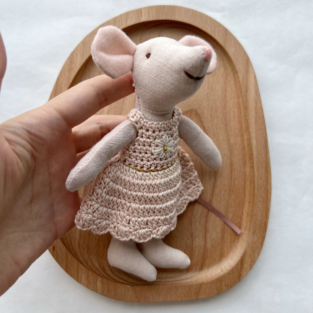 Handmade Linen Mouse Doll with Crocheted Dress and Embroidered Details