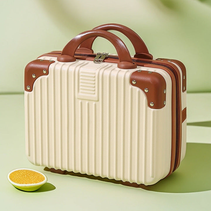 structured hard-shell vanity travel case with faux-leather corner reinforcements and dual top handles Kalsten
