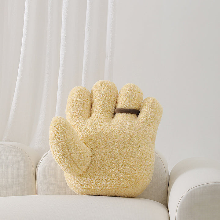 Cozy hand-shaped plush pillow with pompom ring